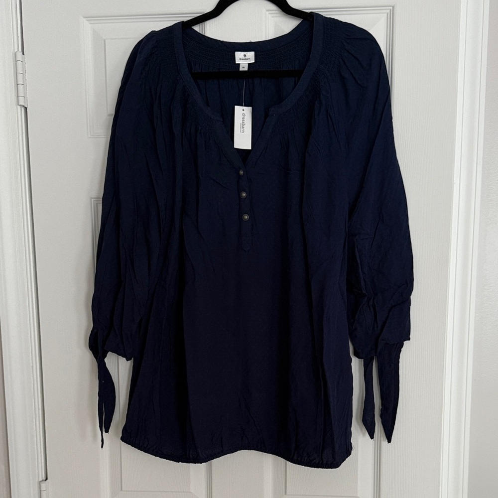 Dressbarn Dark Blue Blouse with Button Accents & Bow Sleeves